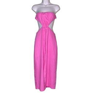 Pink Linen Strapless Bodycon Midi Dress w/ Front Slit Size M